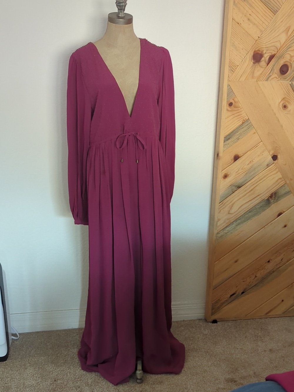 Free People Rare Long Dark Pink V-Neck Beaded Maxi Dress with Tie Waist Size S